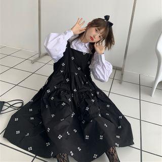 Long-sleeve Plain Loose-fit Shirt / Sleeveless Flower Embroidered Dress