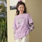 Long-sleeve Mock Two-piece Lettering T-shirt Purple - One Size