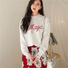 Flower-embroidered Lettering Lace-trim Sweatshirt