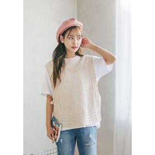 Beribboned Open-side Crochet-knit Vest