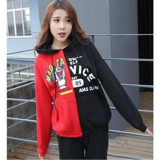 Printed Color Block Hoodie As Shown In Figure - One Size