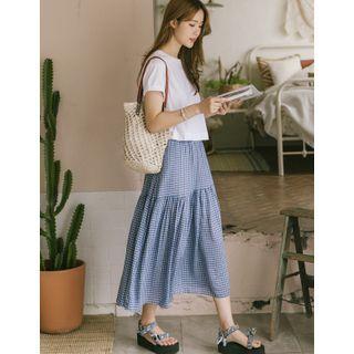 Band-waist Check Maxi Skirt