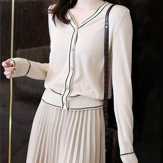 Set: Long-sleeve Contrast Trim Cardigan + High-waist Pleated Skirt