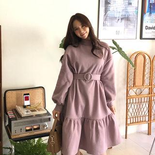 Mock-neck Ruffle-hem Dress With Belt