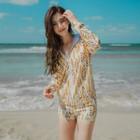 Set: Print Tankini Top + Swim Shorts + Hooded Jacket