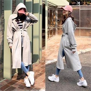 Hooded Open-front Long Cardigan With Sash