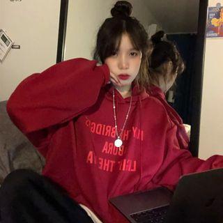 Lettering Print Hoodie Red - One Size