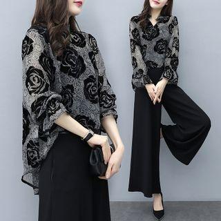 Set: Bell-sleeve Rose Print Top + Wide-leg Pants