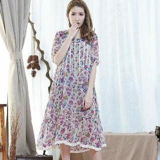 Short-sleeve Lace-trim Floral Dress