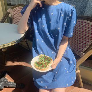 Daisy Embroidered Denim Shift Dress Blue - One Size