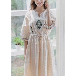 3/4-sleeve Drawstring-waist Embroidered Midi Dress