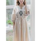 3/4-sleeve Drawstring-waist Embroidered Midi Dress