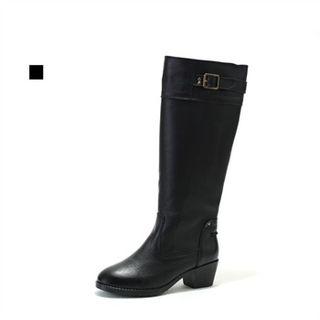 Genuine Leather Buckled-trim Long Boots