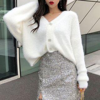 Furry Button Cardigan/ Glitter Fringe Mini A-line Skirt
