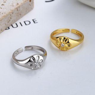 Flower Rhinestone Sterling Silver Open Ring