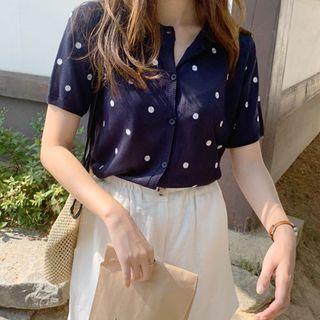 Short-sleeve Flower-embroidered Cardigan Dark Navy Blue - One Size