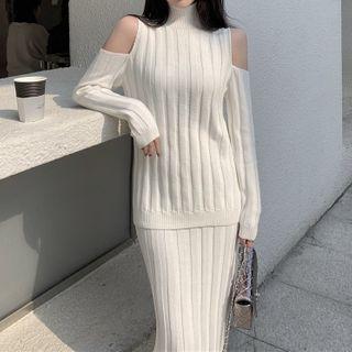 Mock Neck Sweater / Midi Pencil Knit Skirt