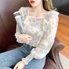 Long-sleeve Floral Print Lace Trim Ruffled Top