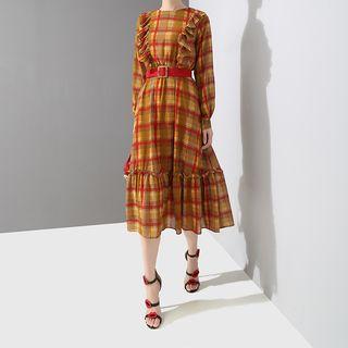 Plaid Ruffle Trim Long-sleeve Midi Dress
