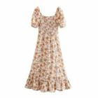 Short-sleeve Floral Slit Midi A-line Dress