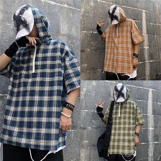 Plaid Hood 3/4-sleeve Top