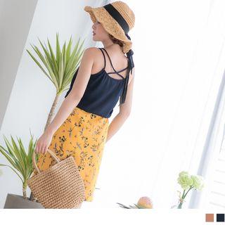 Spaghetti-strap Cross Back Floral Panel Dress