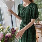 Puff-sleeve Drawstring-waist Perforated Dress Green - One Size