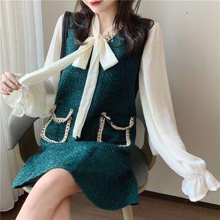 Ribbon-neckline Chiffon Shirt / Woolen Mini Dress