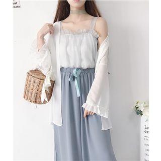Cropped Culottes / Pointelle Knit Cami Top / Cardigan / Frilled Chiffon Cami Top / Long Light Jacket