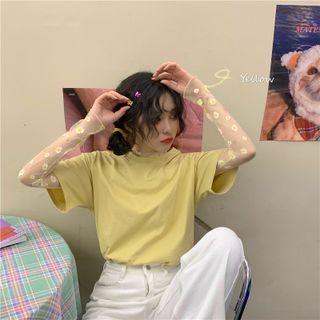 Long-sleeve Flower Print Mesh Top / Short-sleeve Plain T-shirt