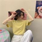 Long-sleeve Flower Print Mesh Top / Short-sleeve Plain T-shirt