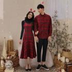 Couple Matching Mock-neck Long-sleeve T-shirt / Plaid Overall Dress / Plaid Shirt / Straight Leg Pants