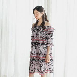 Ruffled Off-shoulder Paisley Shift Dress