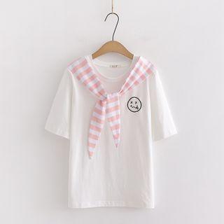 Striped Panel Smiley Face Embroidered T-shirt White - One Size