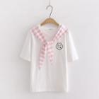 Striped Panel Smiley Face Embroidered T-shirt White - One Size