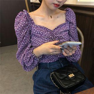 Floral Long-sleeve Cropped Top Purple - One Size