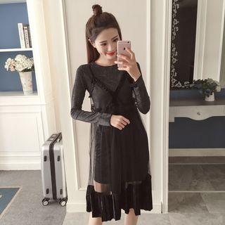 Set: Long-sleeve T-shirt Dress + Strappy Sheer Dress