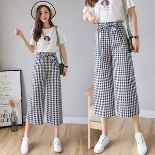 High-waist Gingham Cropped Wide-leg Pants