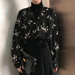 V-neck Floral Print Blouse Black - One Size
