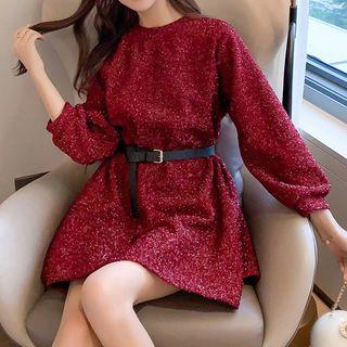 Set: Mini Glitter Pullover Dress + Belt + Beret