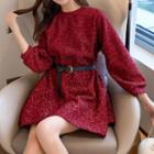 Set: Mini Glitter Pullover Dress + Belt + Beret