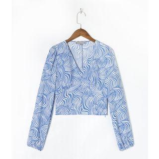 Long-sleeve Print V-neck Top