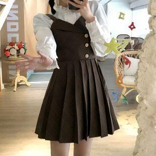 Ruffle Trim Blouse / Strappy Plaid A-line Dress
