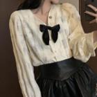 Puff-sleeve Printed Blouse / Faux Leather A-line Skirt