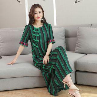 Flower Embroidered Striped Elbow Sleeve Midi Dress