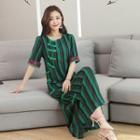 Flower Embroidered Striped Elbow Sleeve Midi Dress