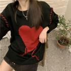 Long-sleeve Heart Printed Knit Sweater Black - One Size