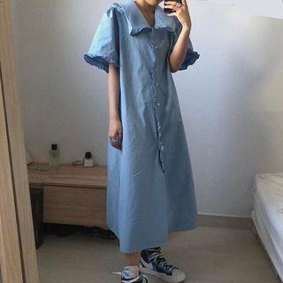 Elbow-sleeve Collar Ruffled Midi Dress