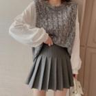 Mock Two-piece Long-sleeve Top / Mini Pleated Skirt