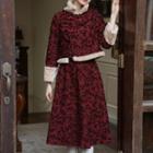 Long-sleeve Fleece Panel Floral Print Qipao Top / Midi Skirt